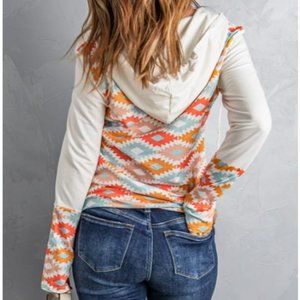 Aztec Print Color Block Half Zip Hoodie with Kangaroo Pocket